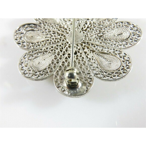 Unusual Lovely 800 Silver Filigree Flower Brooch with Butterfly in the Center - Picture 10 of 11
